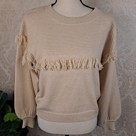 Joie Size Small Beige Fringed Ribbed Pullover Sweater Cotton/Cashmere Blend NWT - Picture 1 of 16